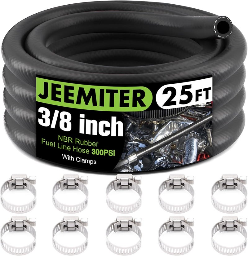 Jeemiter 3/8" ID Fuel Hose 25FT Complete Kit - Includes 10 Clamps for Small Engine, Automotive, Marine Use - SAE 30R7 Rated for Gas, Oil, Diesel - Image 1